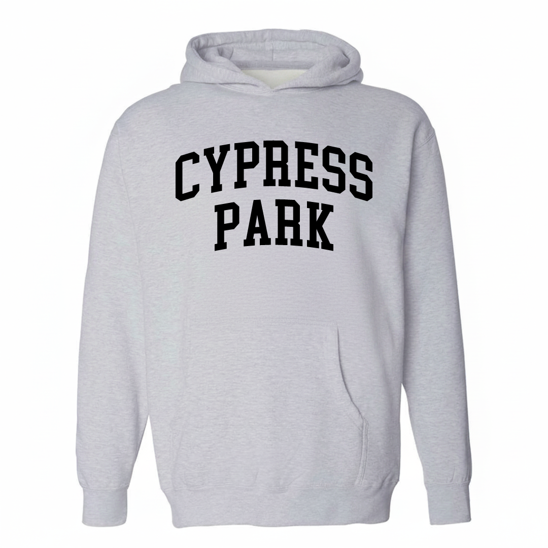 Heather-gray hoodie with the Cypress Park varsity arched lettering design on the chest.