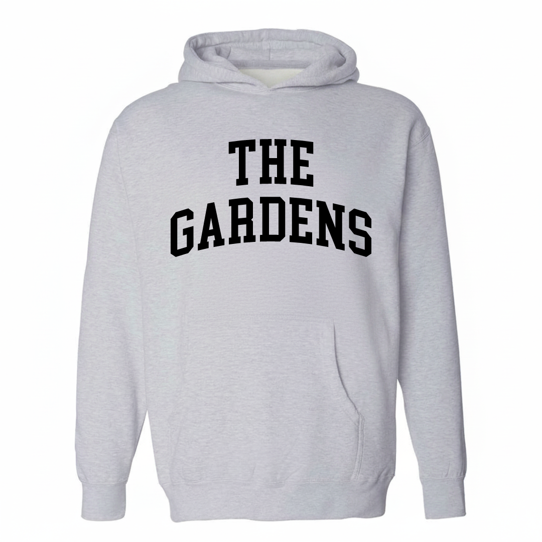 Heather-gray hoodie with The Gardens arched varsity lettering design on the chest.