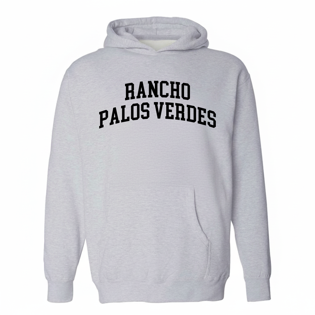 Heather-gray hoodie with the Rancho Palos Verdes varsity arched lettering design on the chest.