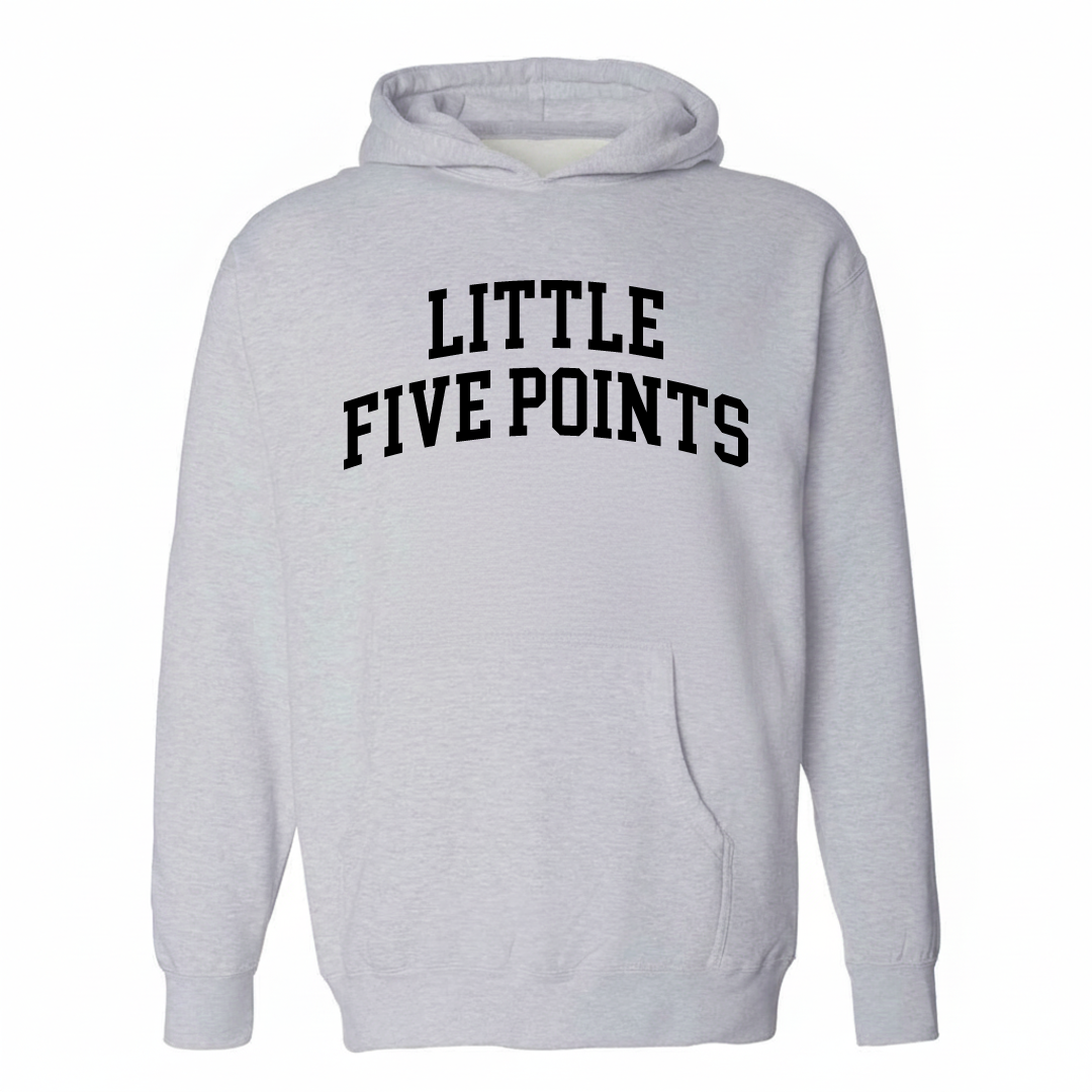 Heather-gray hoodie with the Little Five Points varsity arched lettering design on the chest.
