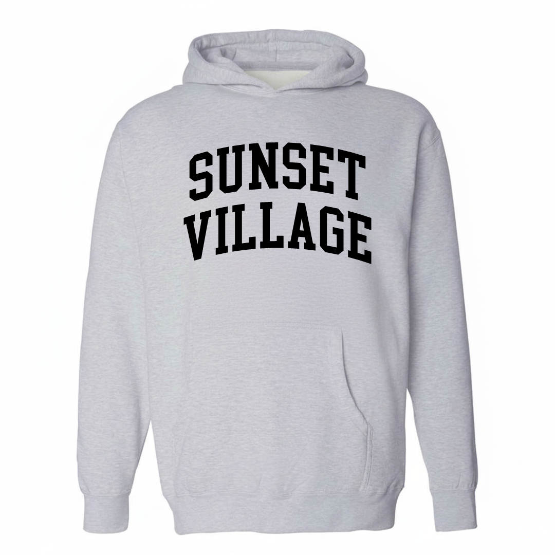 Heather-gray hoodie with the Sunset Village varsity arched lettering design on the chest.