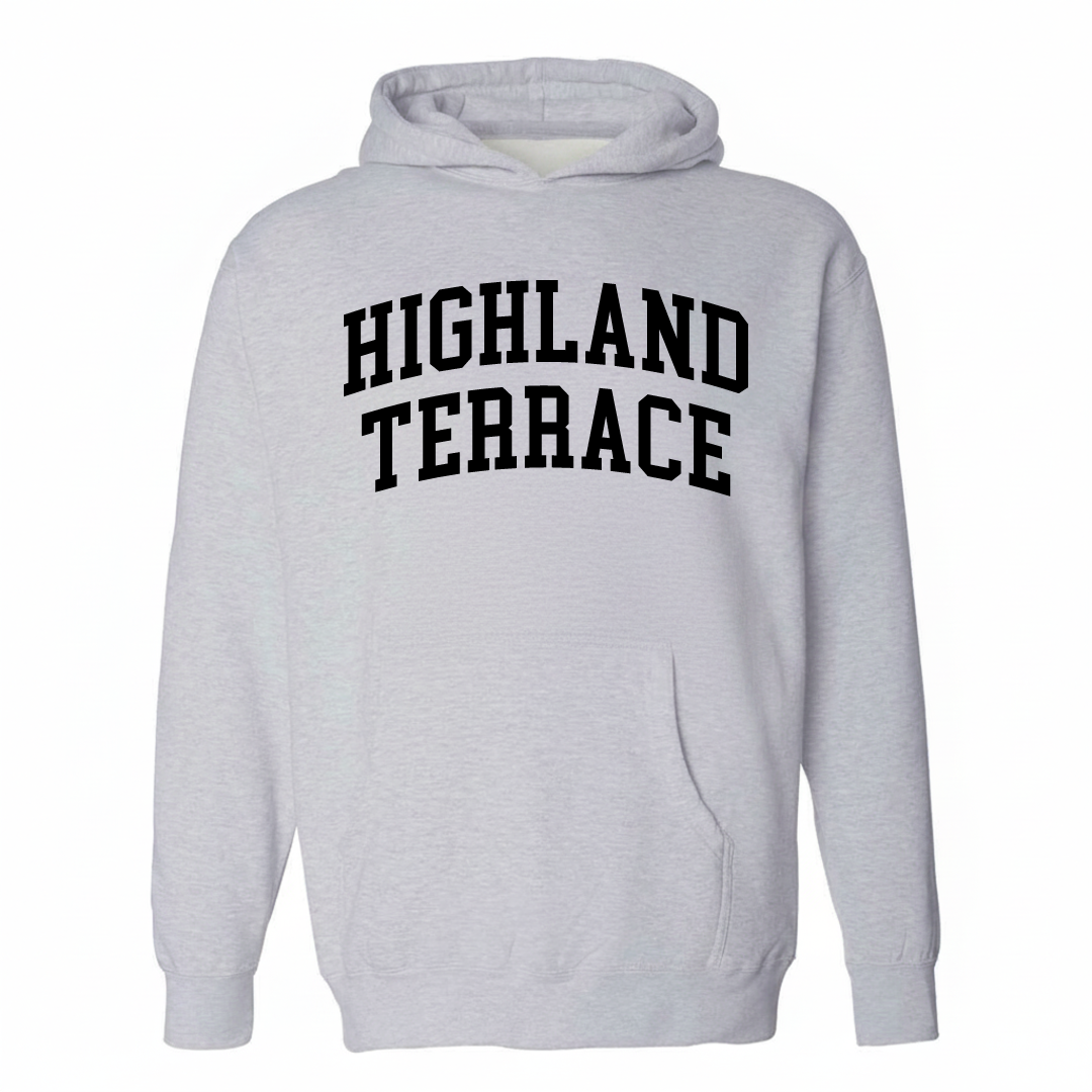 Heather-gray hoodie with the Highland Terrace arched lettering design on the chest.