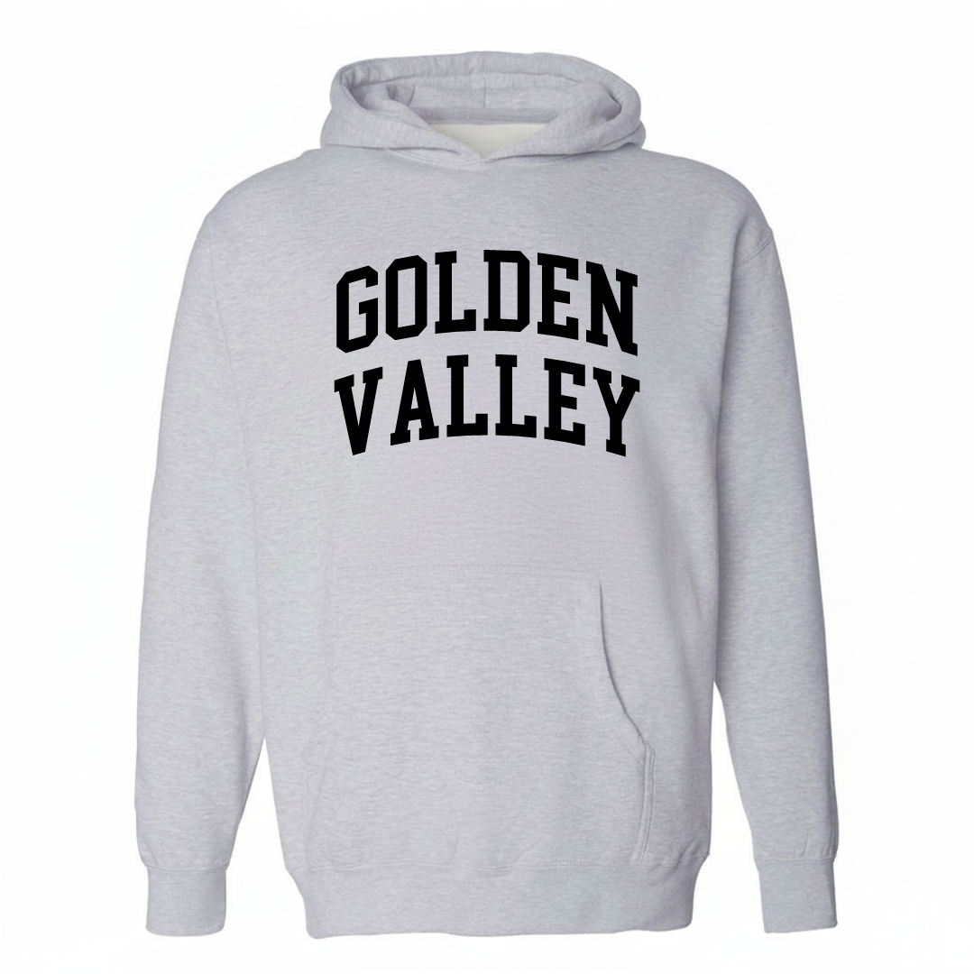 Heather-gray hoodie with the Golden Valley varsity arched lettering design on the chest.