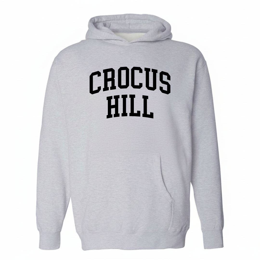 Heather-gray hoodie with the Crocus Hill varsity arched lettering design on the chest.