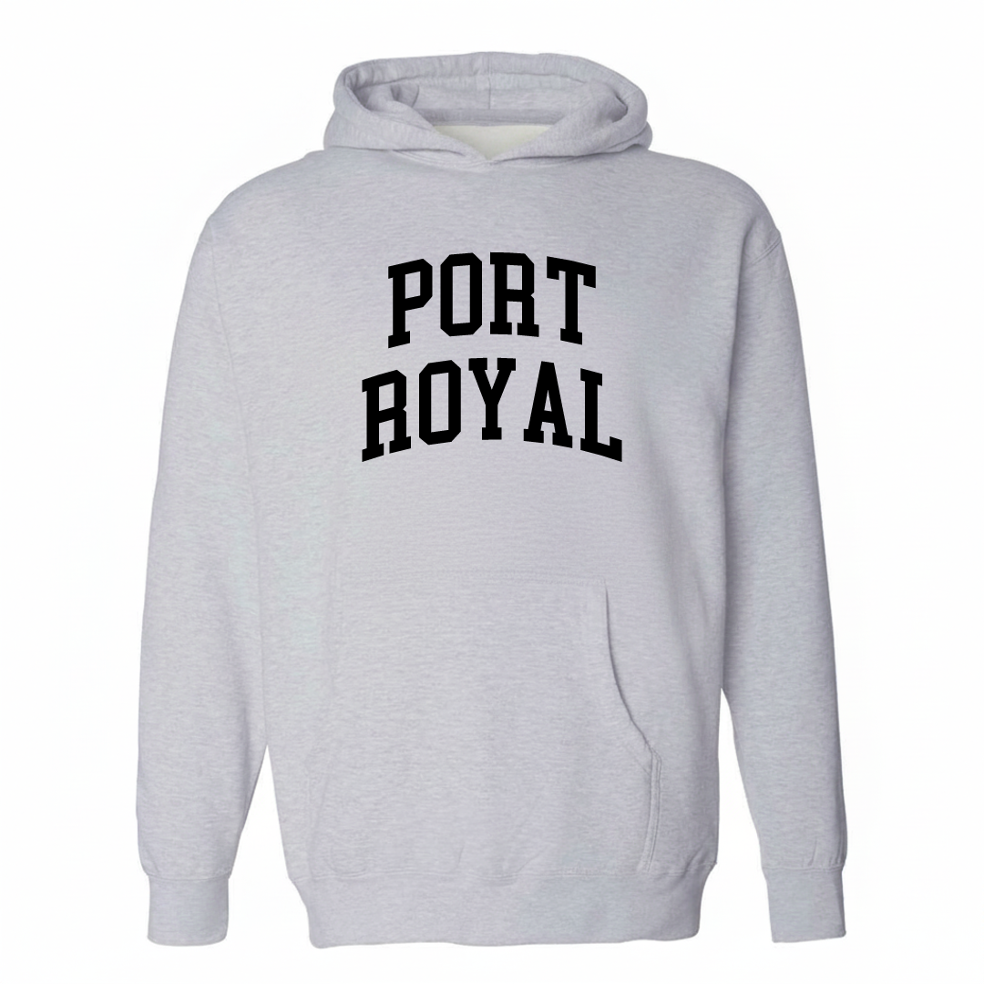 Heather-gray hoodie with the Port Royal arched varsity lettering design on the chest.