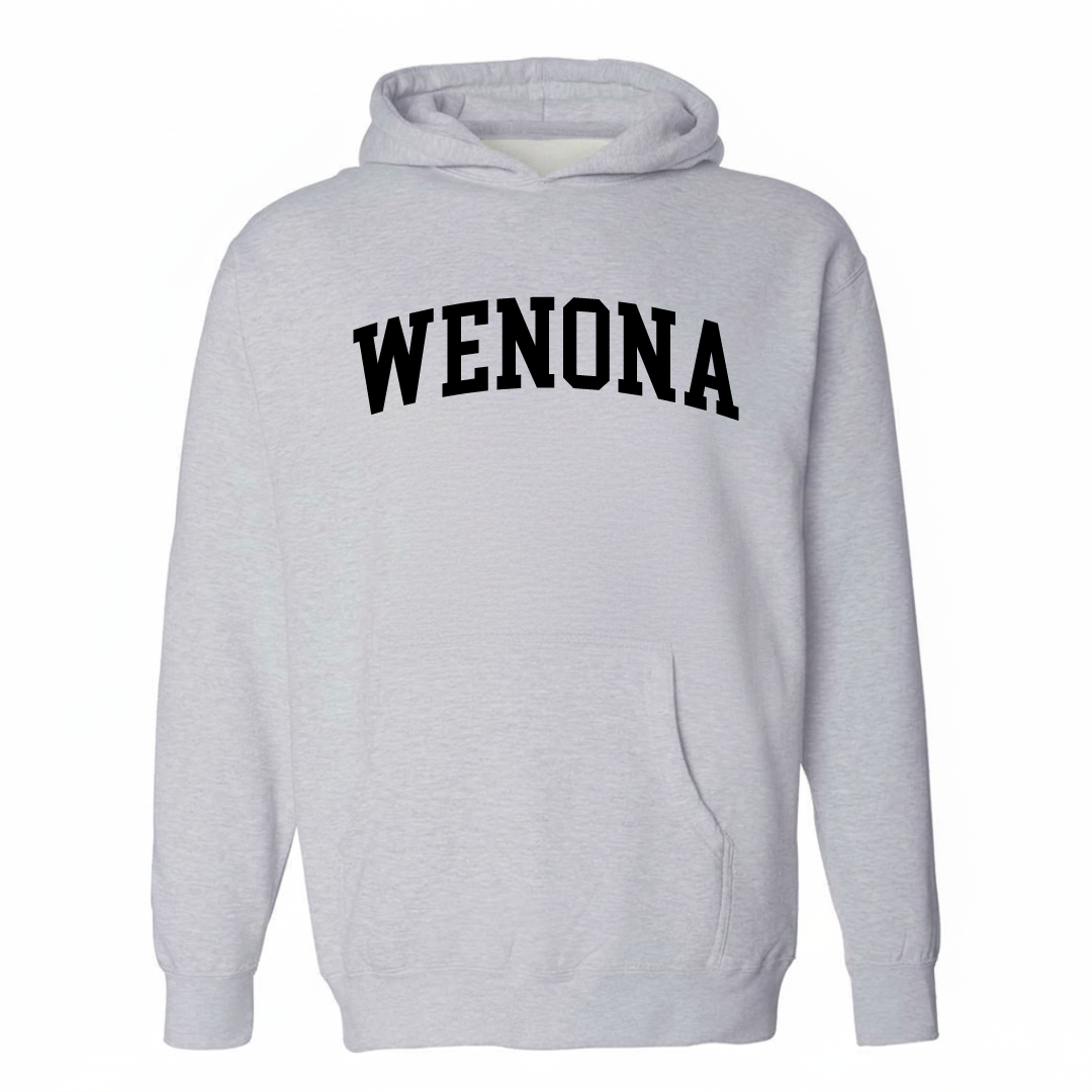 Heather-gray hoodie with the Wenona varsity arched lettering design on the chest.