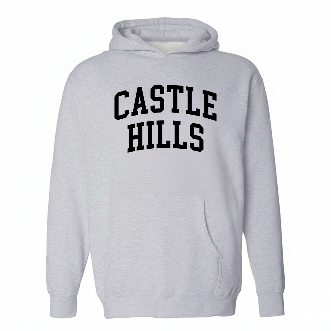 Heather-gray hoodie with the Castle Hills arched lettering varsity-collegiate design on the chest.