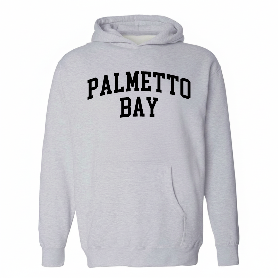 Heather-gray hoodie with the Palmetto Bay varsity arched lettering design on the chest.