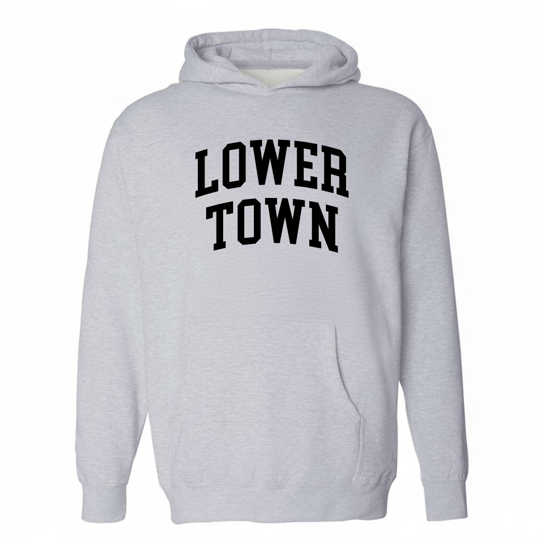 Heather-gray hoodie with the Lower Town arched lettering varsity-collegiate design on the chest.