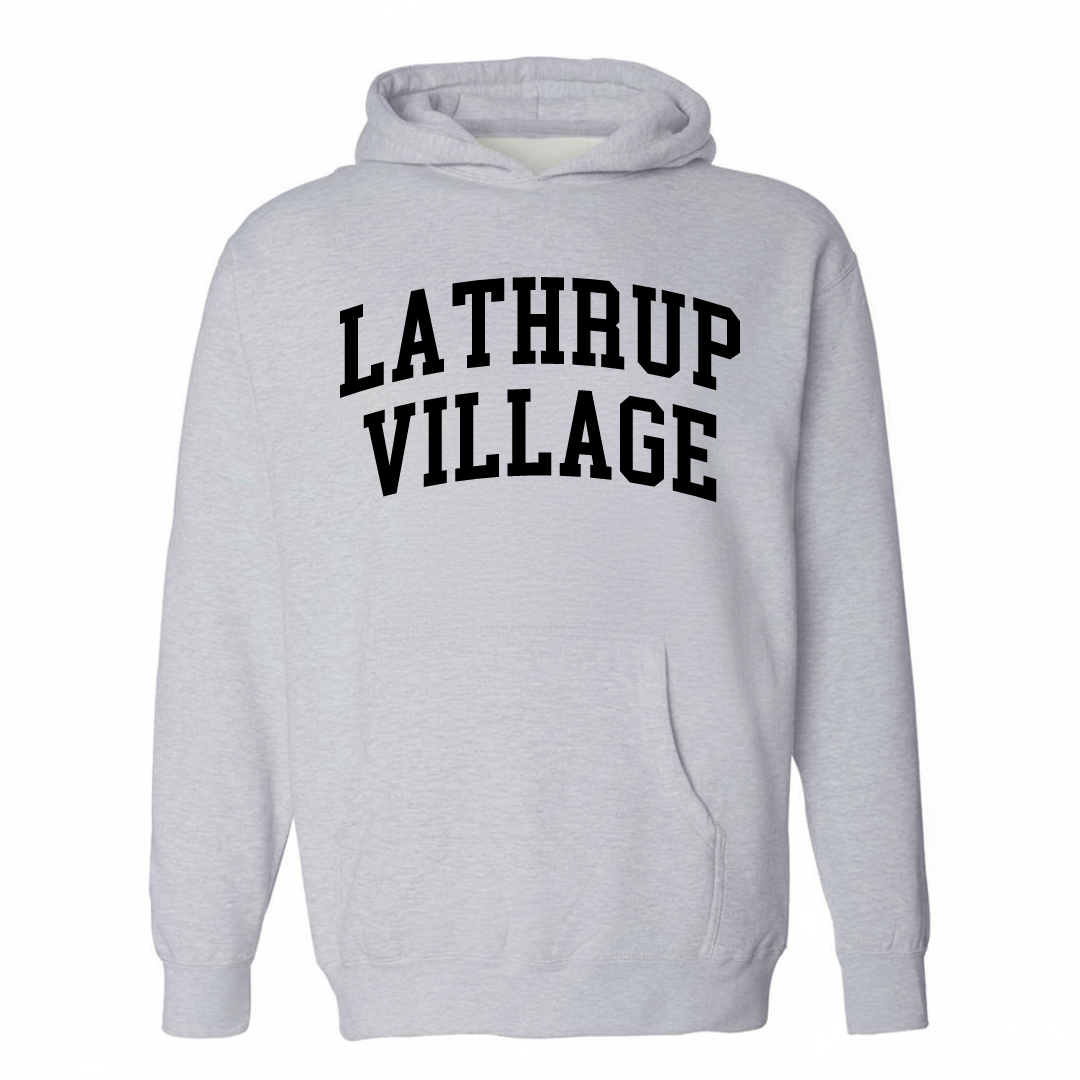 Heather-gray hoodie with the Lathrup Village varsity arched lettering design on the chest.