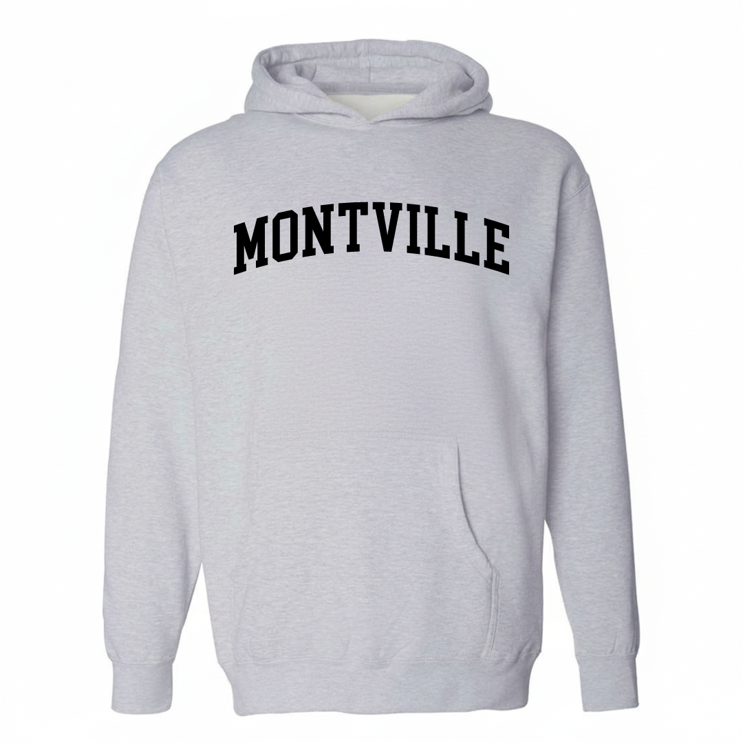 Heather-gray hoodie with the Montville varsity arched lettering design on the chest.