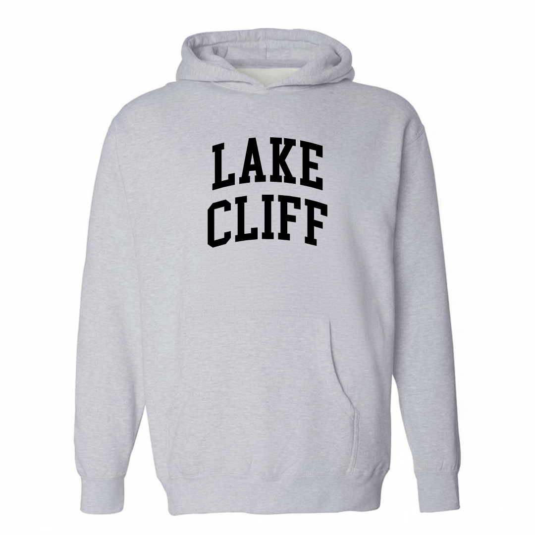 Heather-gray hoodie with the Lake Cliff arched lettering varsity-collegiate design on the chest.