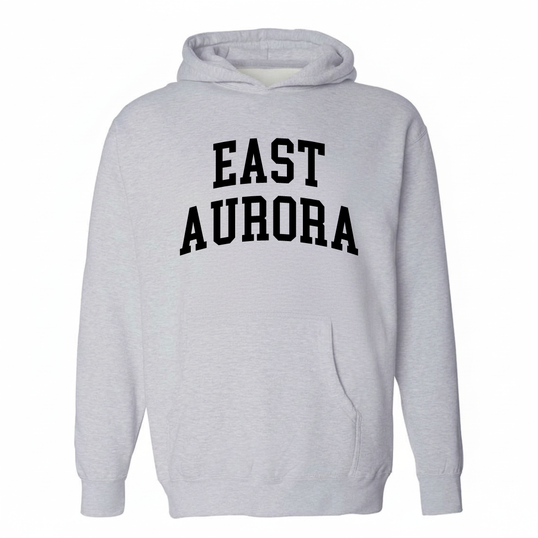 Heather-gray hoodie with the East Aurora varsity arched lettering design on the chest.