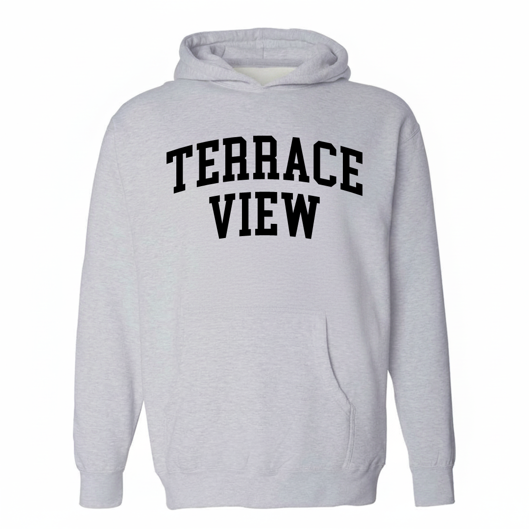 Heather-gray hoodie with the Terrace View Berkeley varsity arched lettering design on the chest.