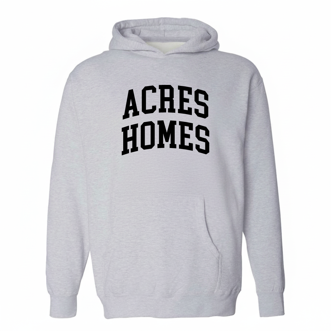 Heather-gray hoodie with the Acres Homes varsity arched lettering design on the chest.