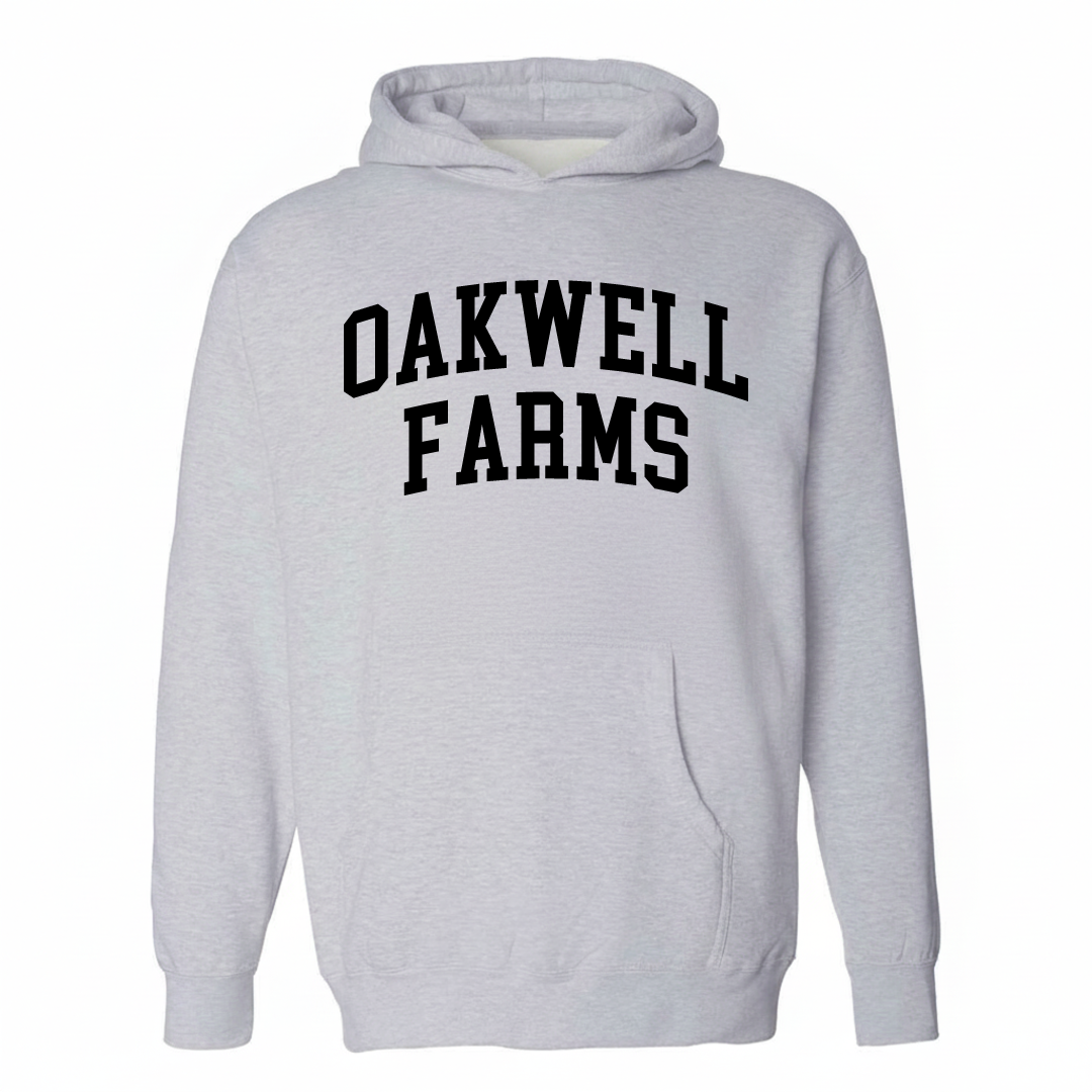 Heather-gray hoodie with the Oakwell Farms varsity arched lettering design on the chest.