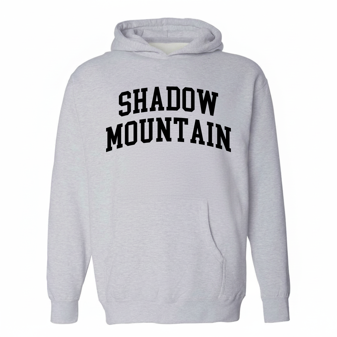 Heather-gray hoodie with the Shadow Mountain varsity arched lettering design on the chest.