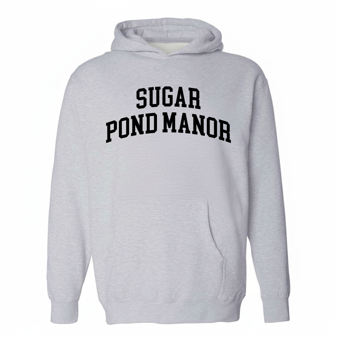 Heather-gray hoodie with the Sugar Pond Manor varsity arched lettering design on the chest.