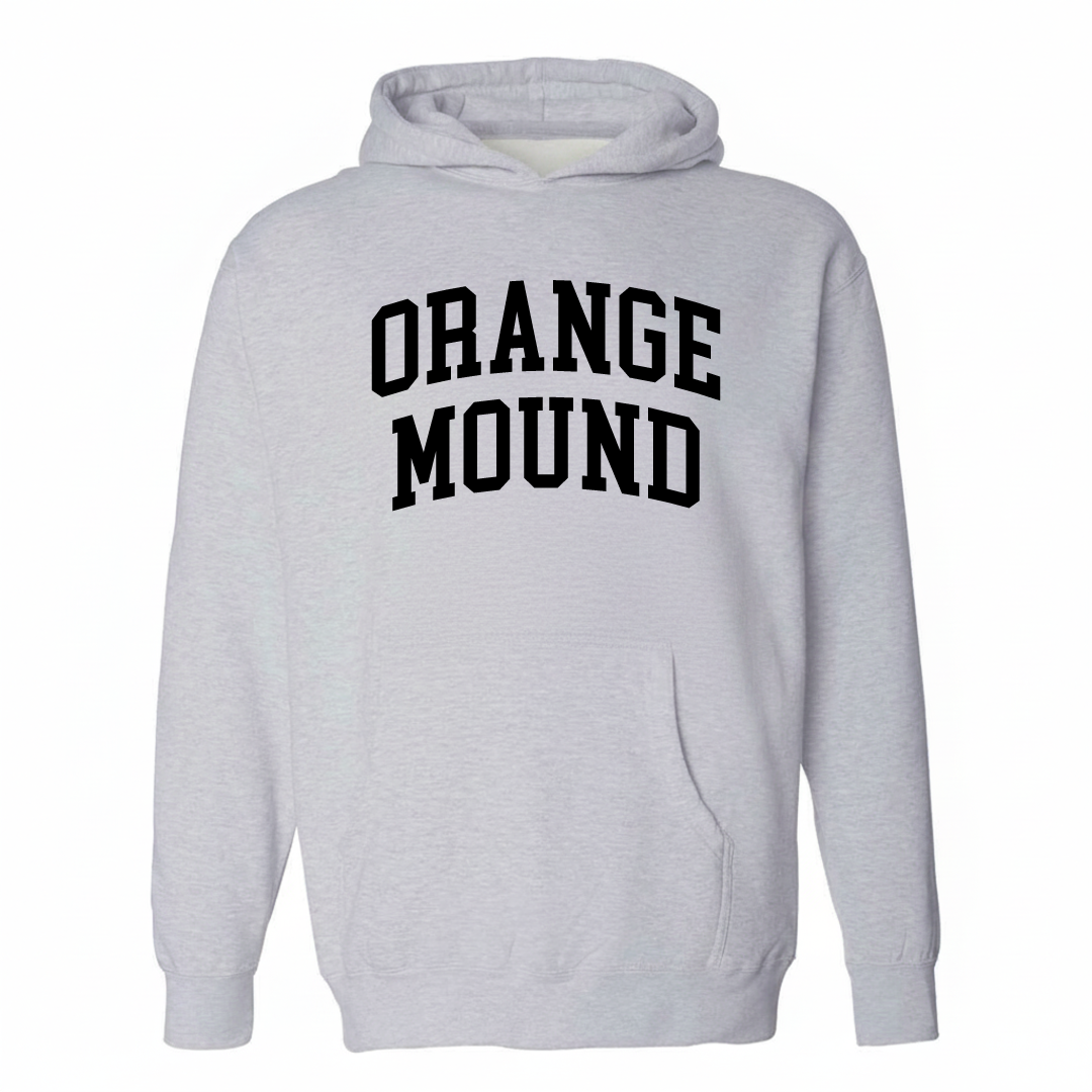 Heather-gray hoodie with the Orange Mound varsity arched lettering design on the chest.