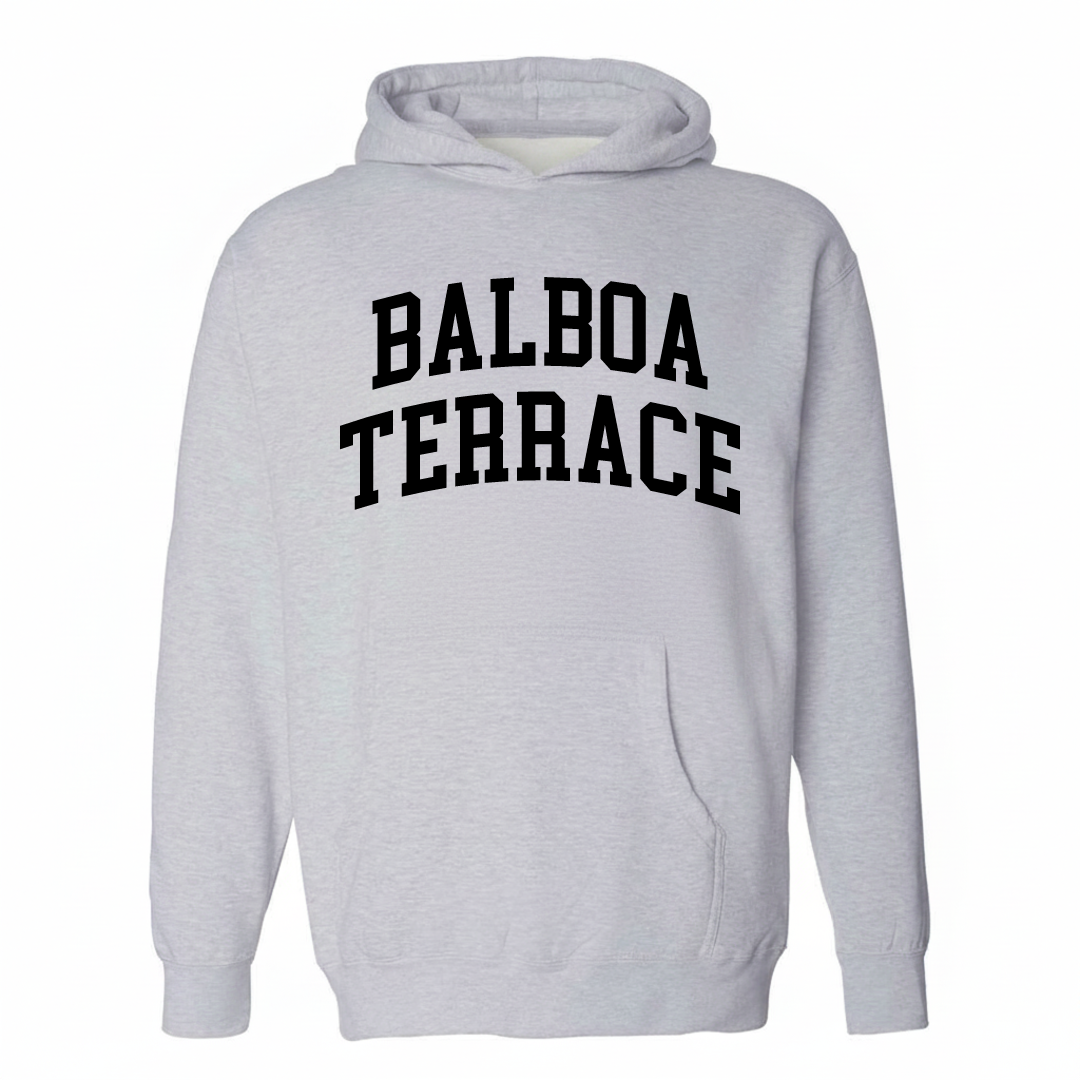 Heather-gray hoodie with the Balboa Terrace varsity arched lettering design on the chest.