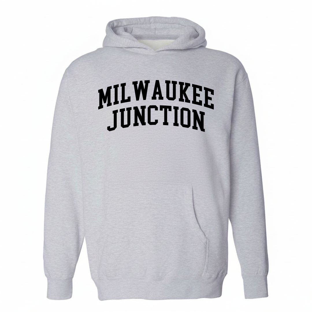 Heather-gray hoodie with the Milwaukee Junction arched lettering design on the chest.