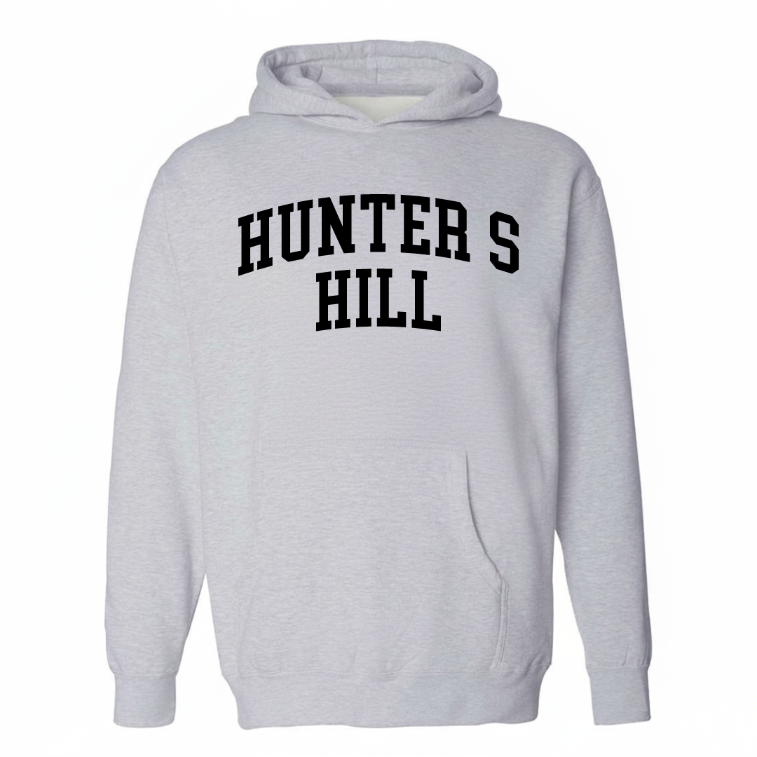 Heather-gray hoodie with the Hunter's Hill varsity arched lettering design on the chest.