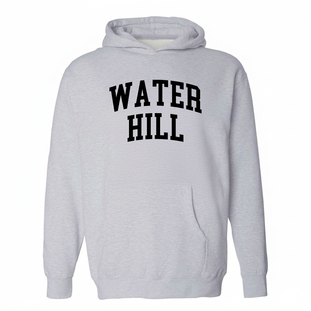 Heather-gray hoodie with the Water Hill arched lettering design on the chest.