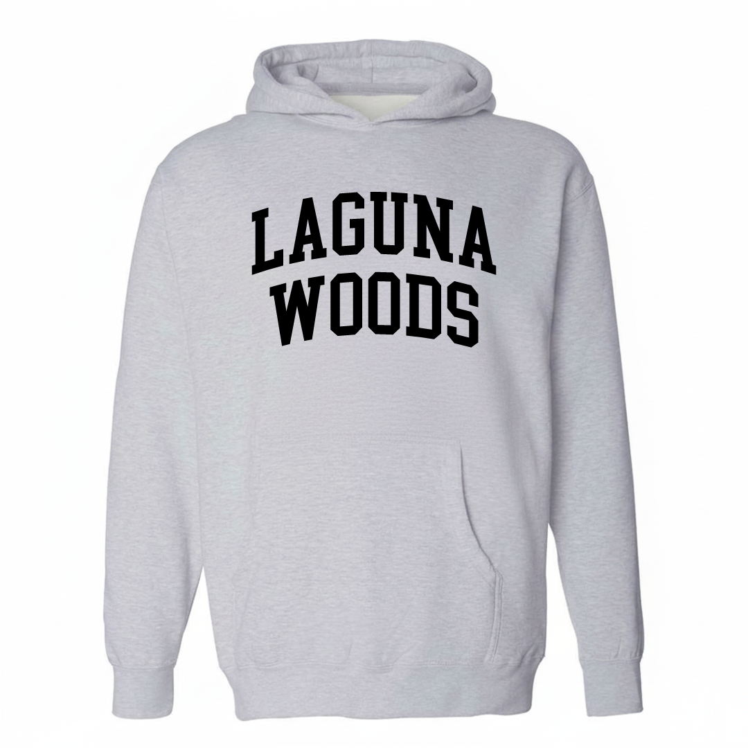 Heather-gray hoodie with the Laguna Woods varsity arched lettering design on the chest.