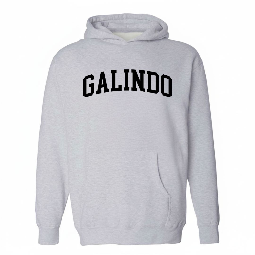 Heather-gray hoodie with the Galindo varsity arched lettering design on the chest.