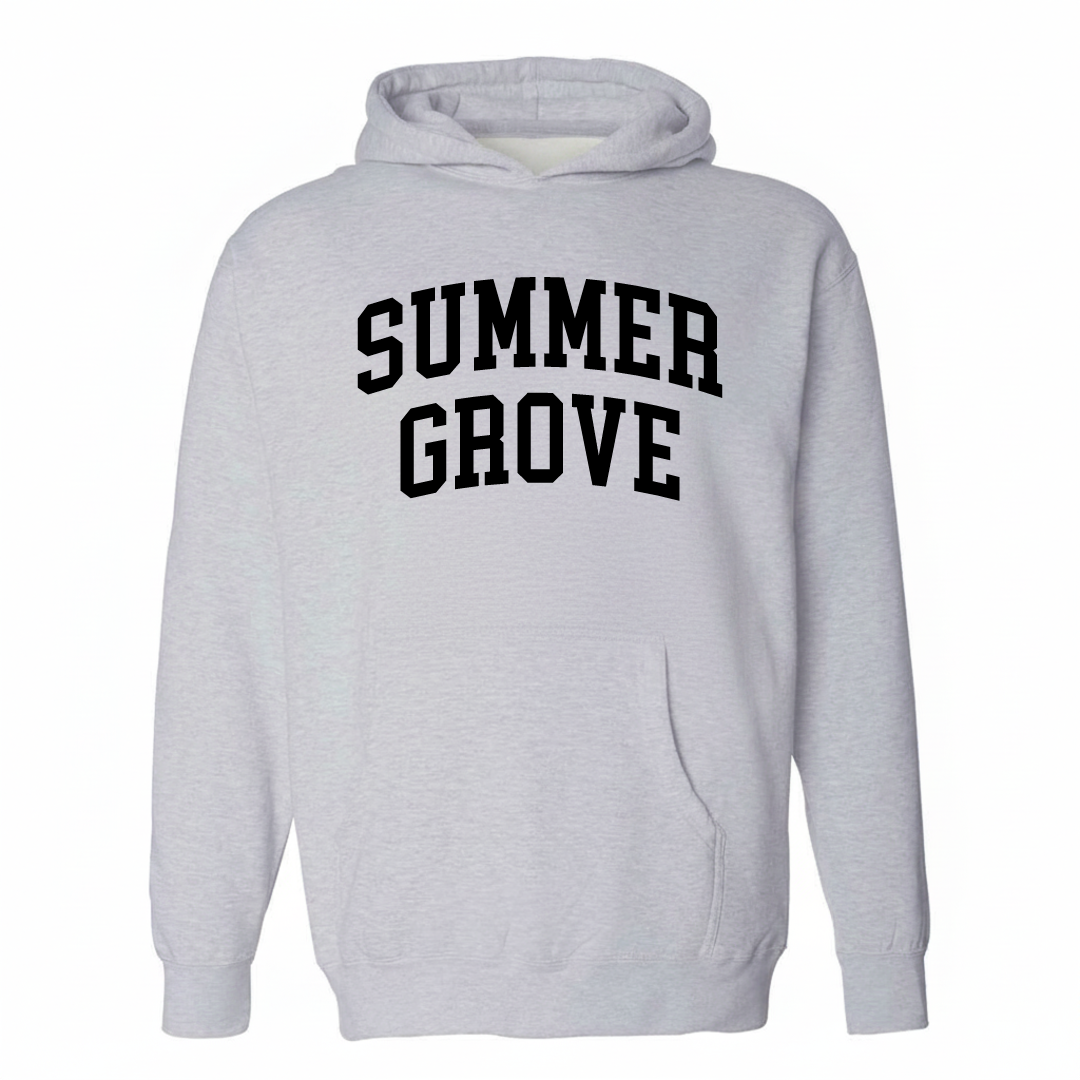 Heather-gray hoodie with the Summer Grove arched varsity lettering design on the chest.