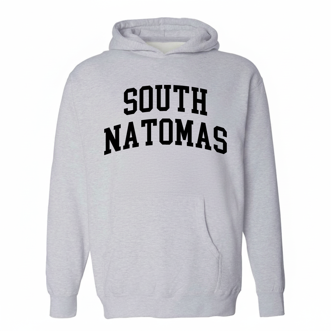 Heather-gray hoodie with the South Natomas varsity arched lettering design on the chest.