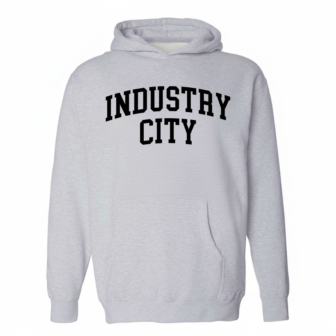 Heather-gray hoodie with the Industry City varsity arched lettering design on the chest.