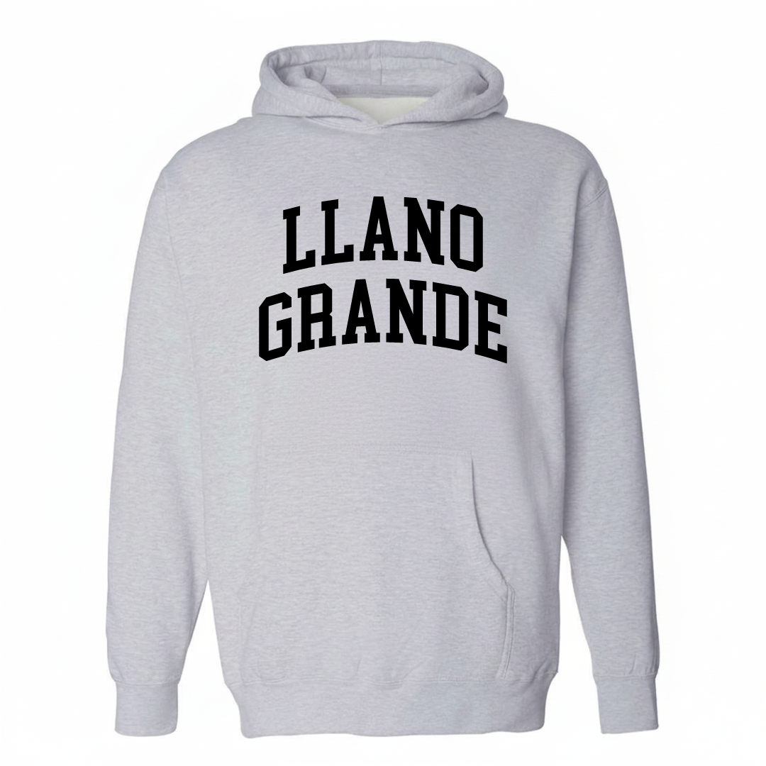Heather-gray hoodie with the Llano Grande varsity arched lettering design on the chest.