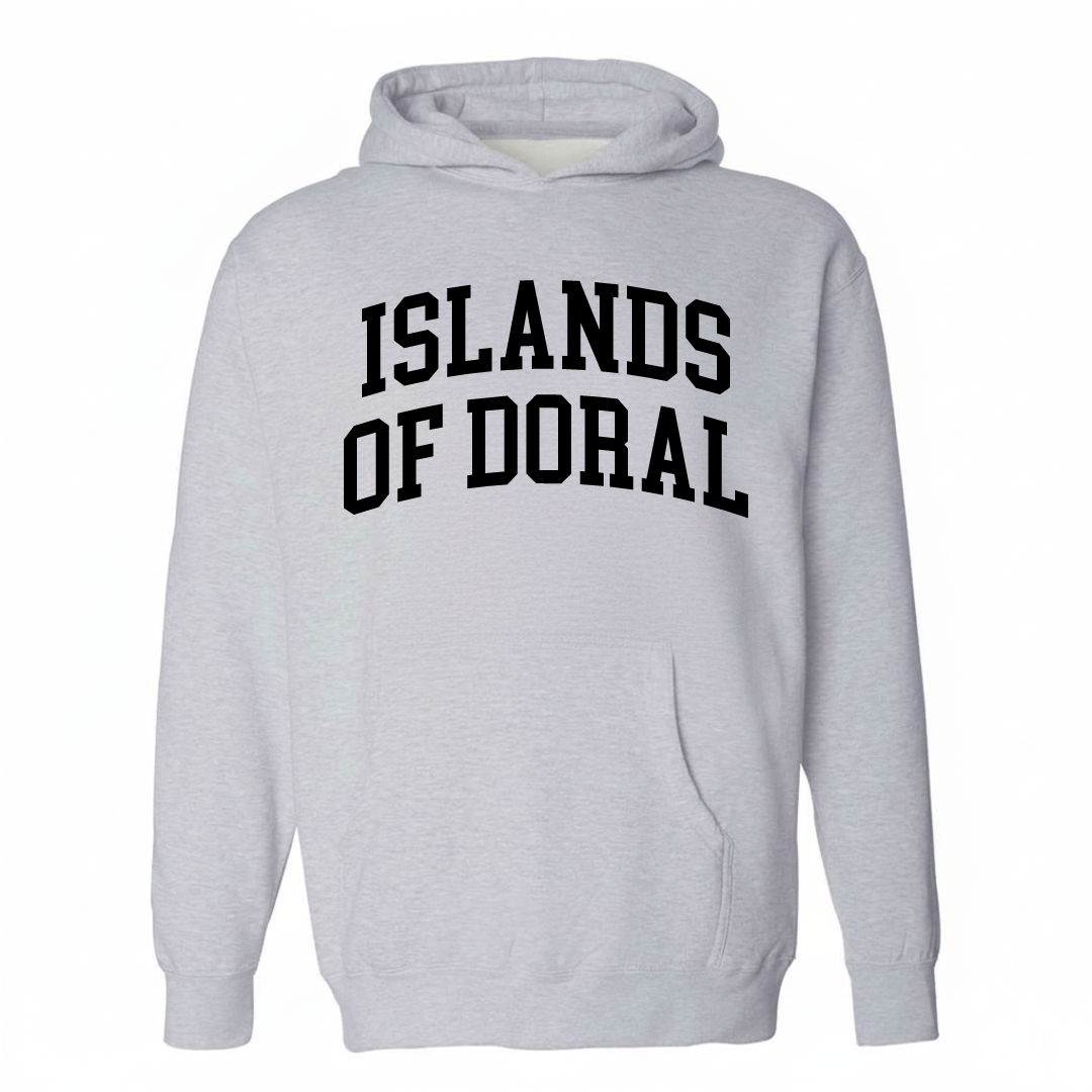 Heather-gray hoodie with the Islands of Doral varsity arched lettering design on the chest.