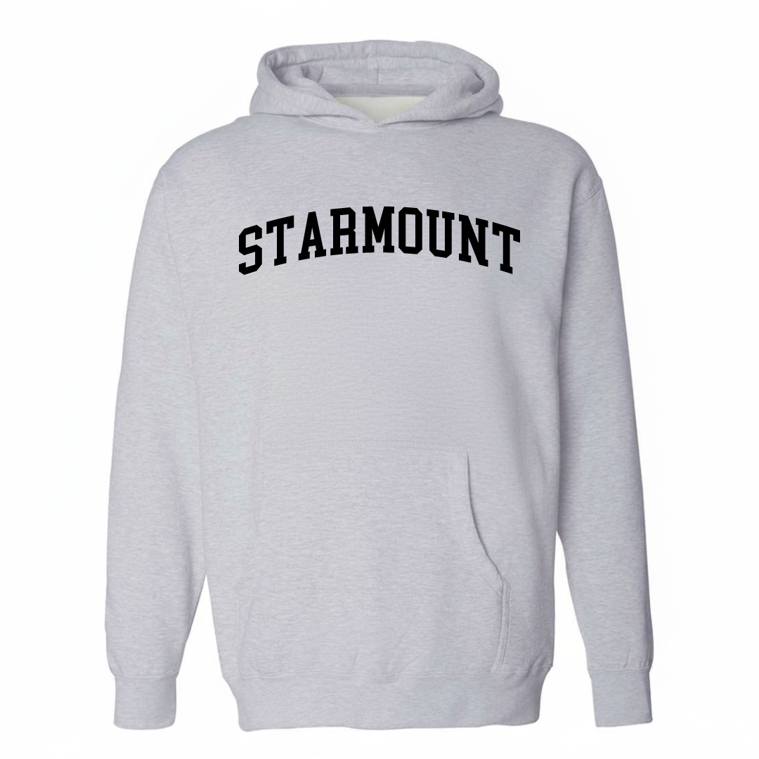 Heather-gray hoodie with the Starmount arched varsity lettering design on the chest.