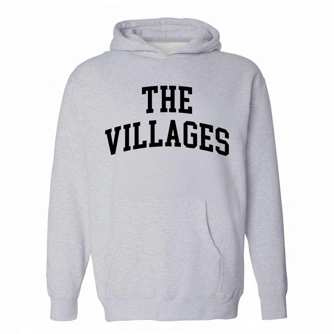 Heather-gray hoodie with The Villages arched lettering design on the chest.