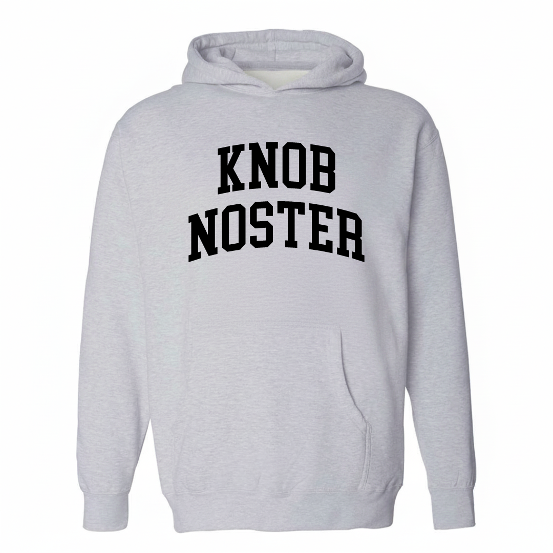 Heather-gray hoodie with the Knob Noster varsity arched lettering design on the chest.