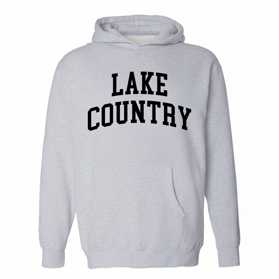 Heather-gray hoodie with the Lake Country arched lettering varsity-collegiate design on the chest.