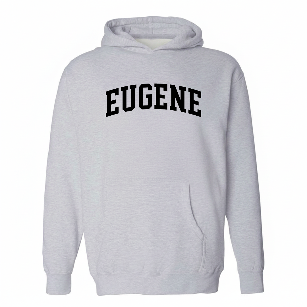 Heather-gray hoodie with the Eugene varsity arched lettering design on the chest.
