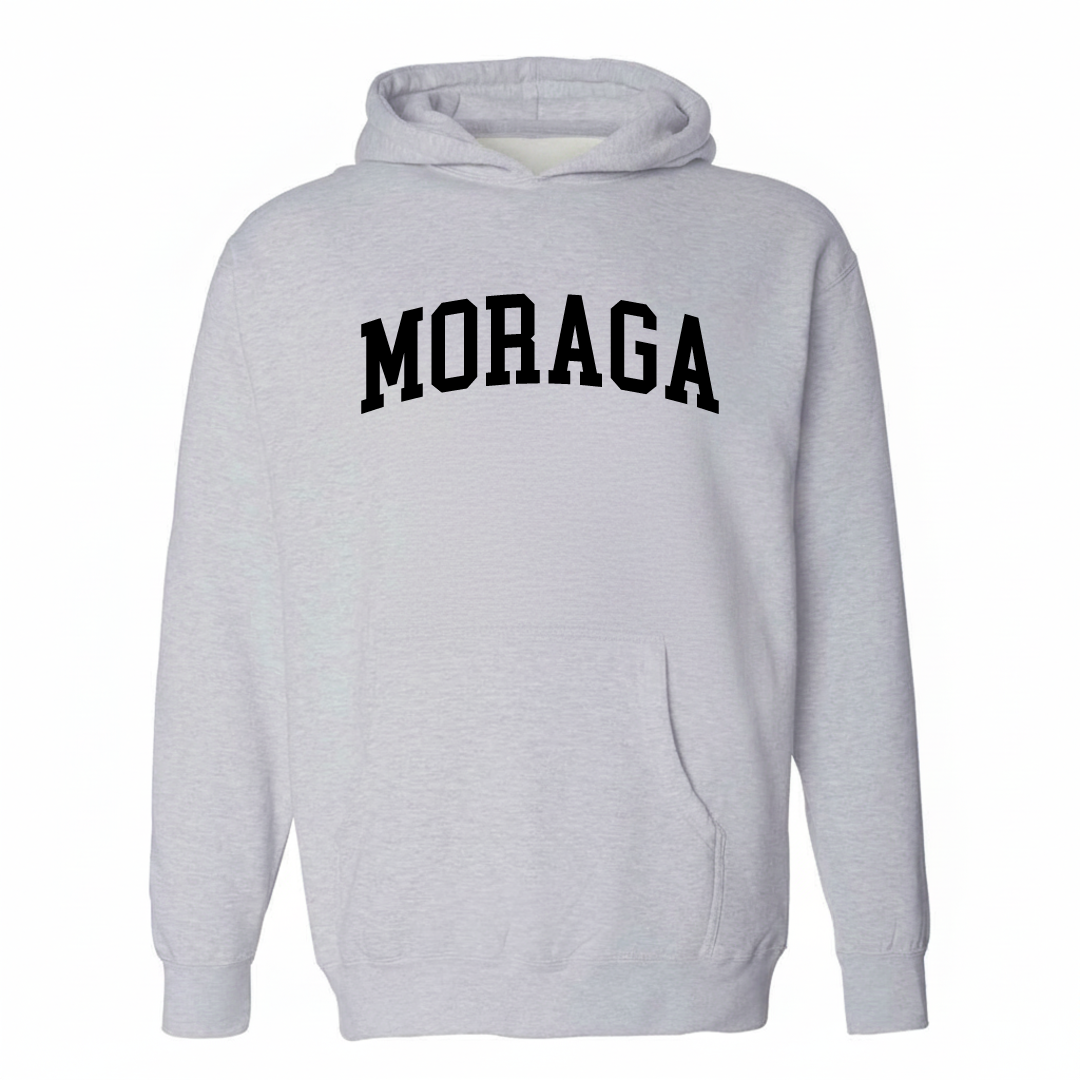 Heather-gray hoodie with the Moraga arched varsity lettering design on the chest.