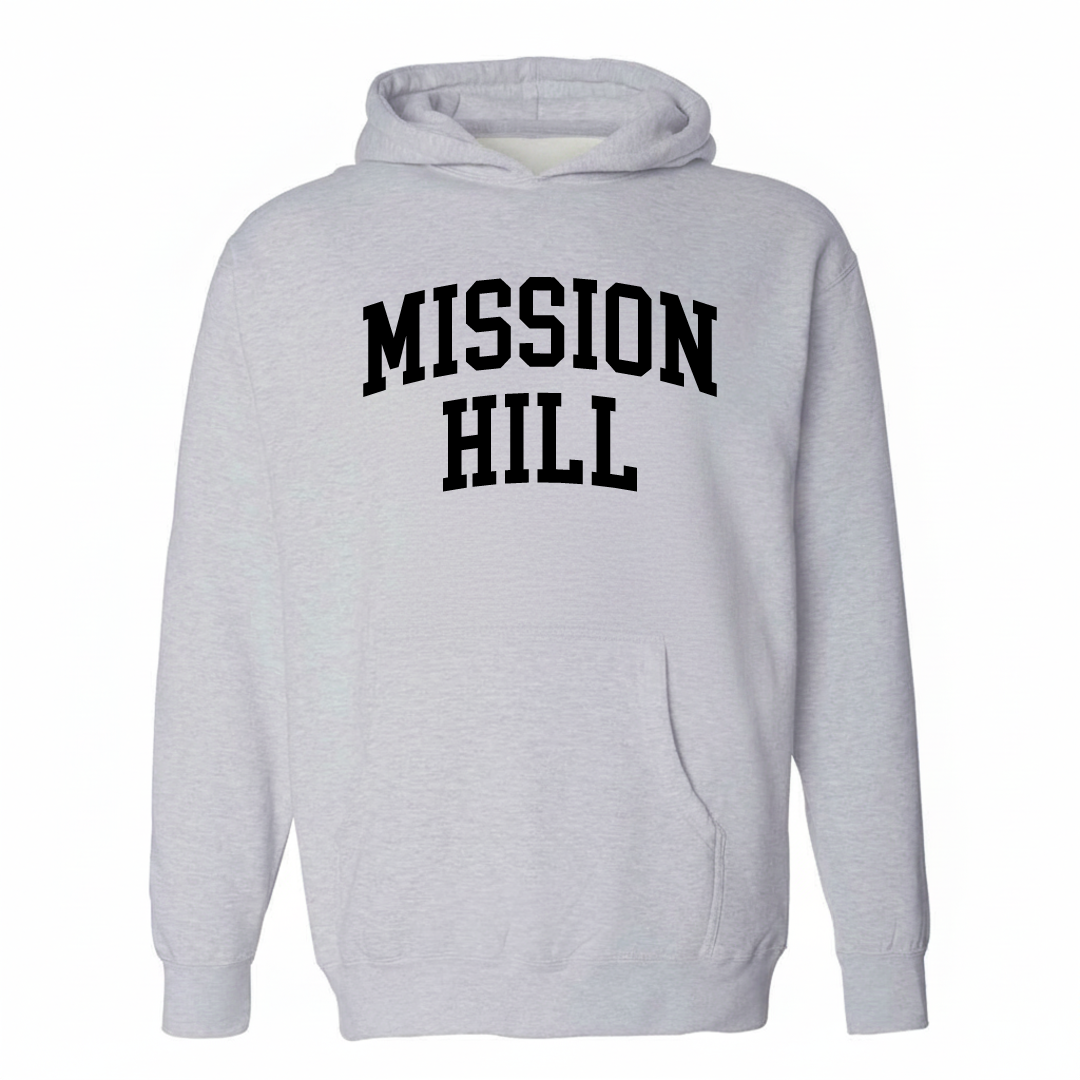 Heather-gray hoodie with the Mission Hill arched lettering varsity-collegiate design on the chest.