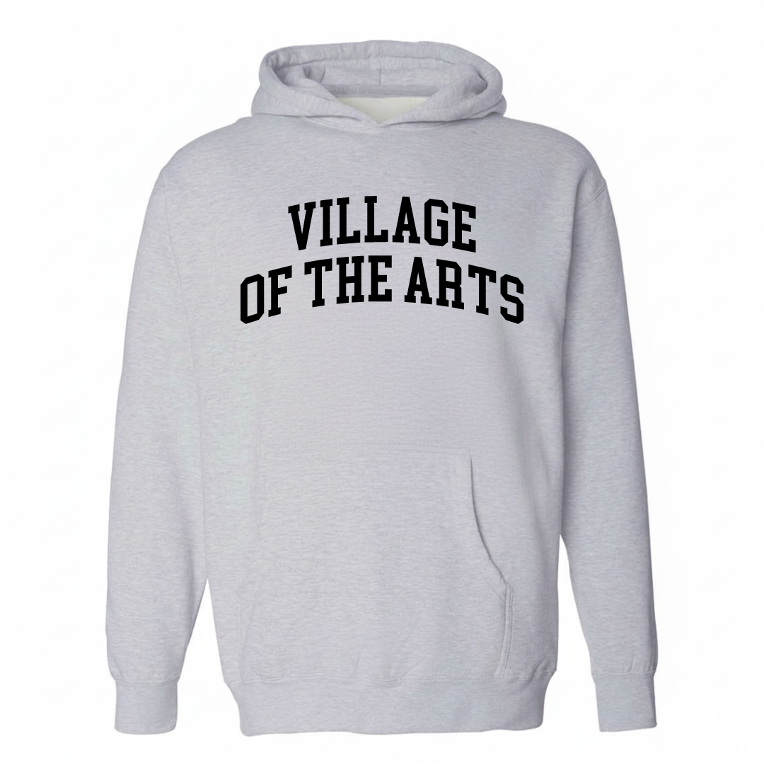 Heather-gray hoodie with the Village of the Arts varsity arched lettering design on the chest.