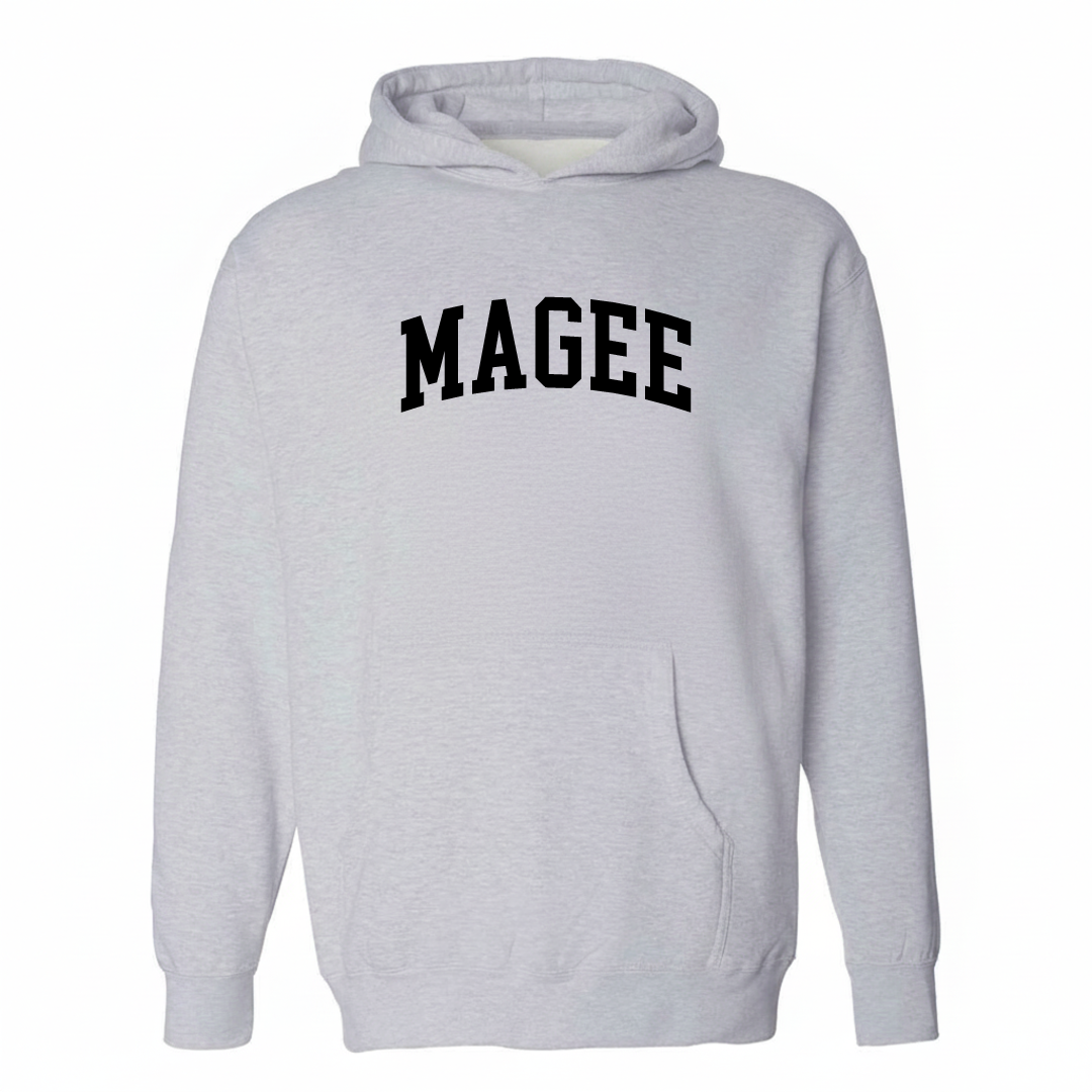 Heather-gray hoodie with the Magee arched varsity lettering design on the chest.