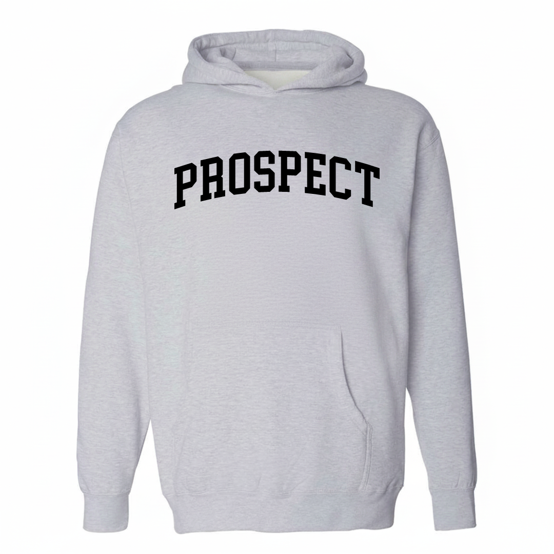 Heather-gray hoodie with the Prospect varsity arched lettering design on the chest.