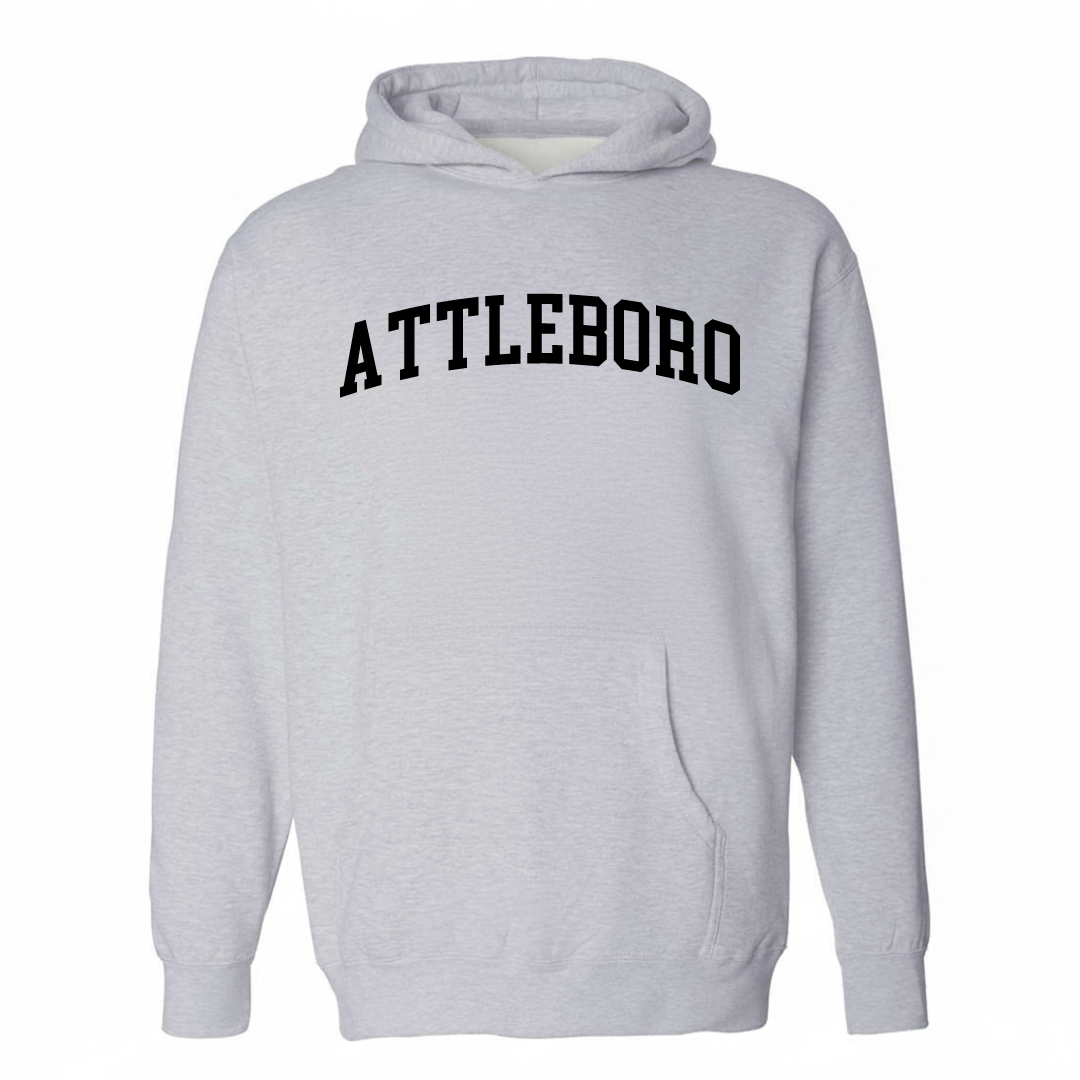 Heather-gray hoodie with the Attleboro varsity arched lettering design on the chest.