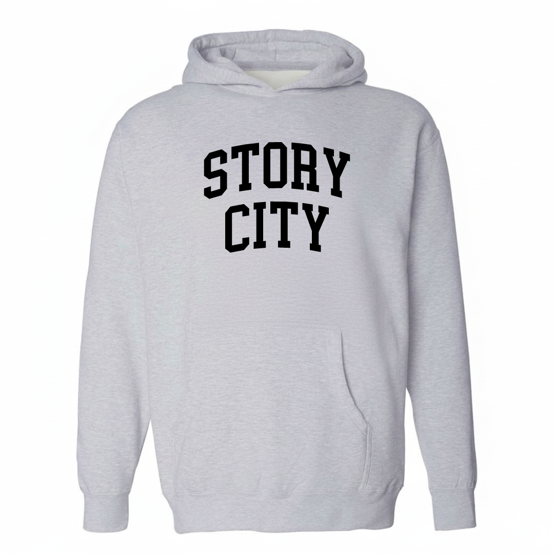 Heather-gray hoodie with the Story City arched lettering design on the chest.