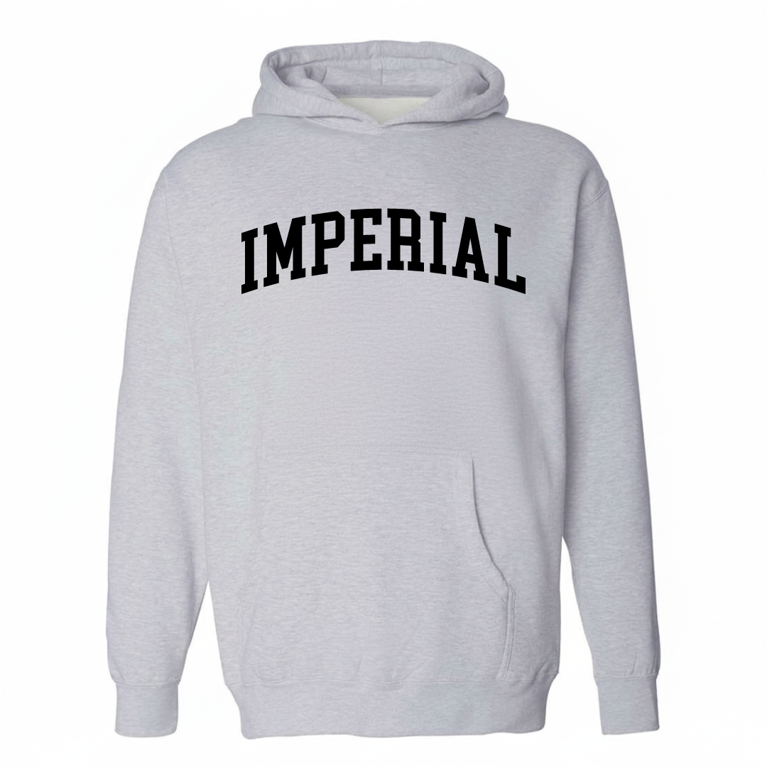 Heather-gray hoodie with the Imperial, CA varsity arched lettering design on the chest.