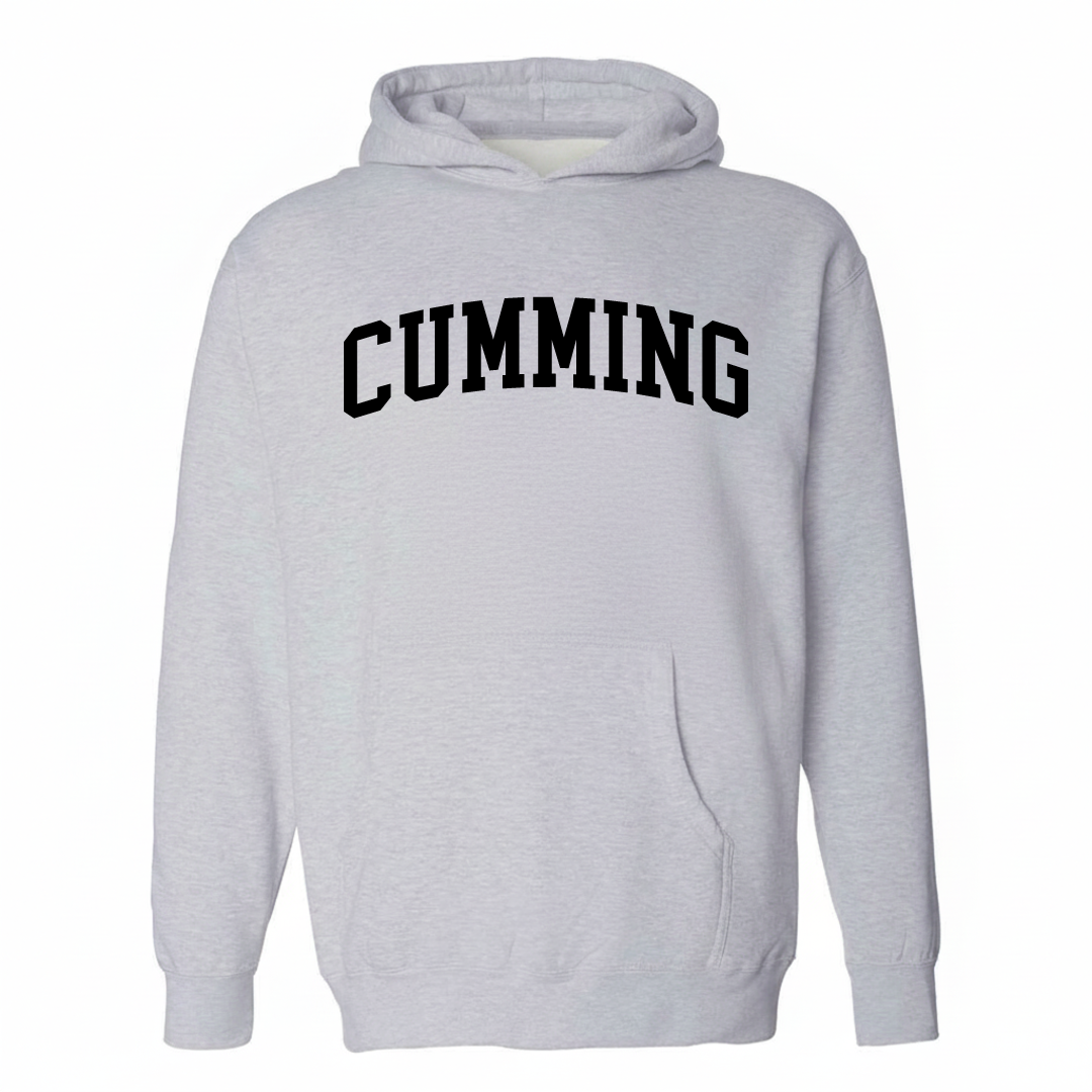 Heather-gray hoodie with the Cumming arched varsity lettering design on the chest.