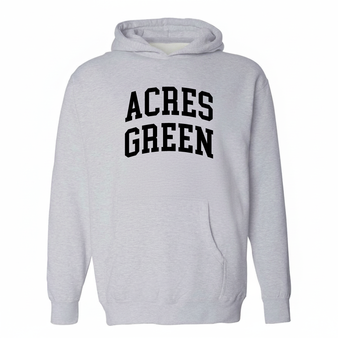 Heather-gray hoodie with the Acres Green varsity arched lettering design on the chest.