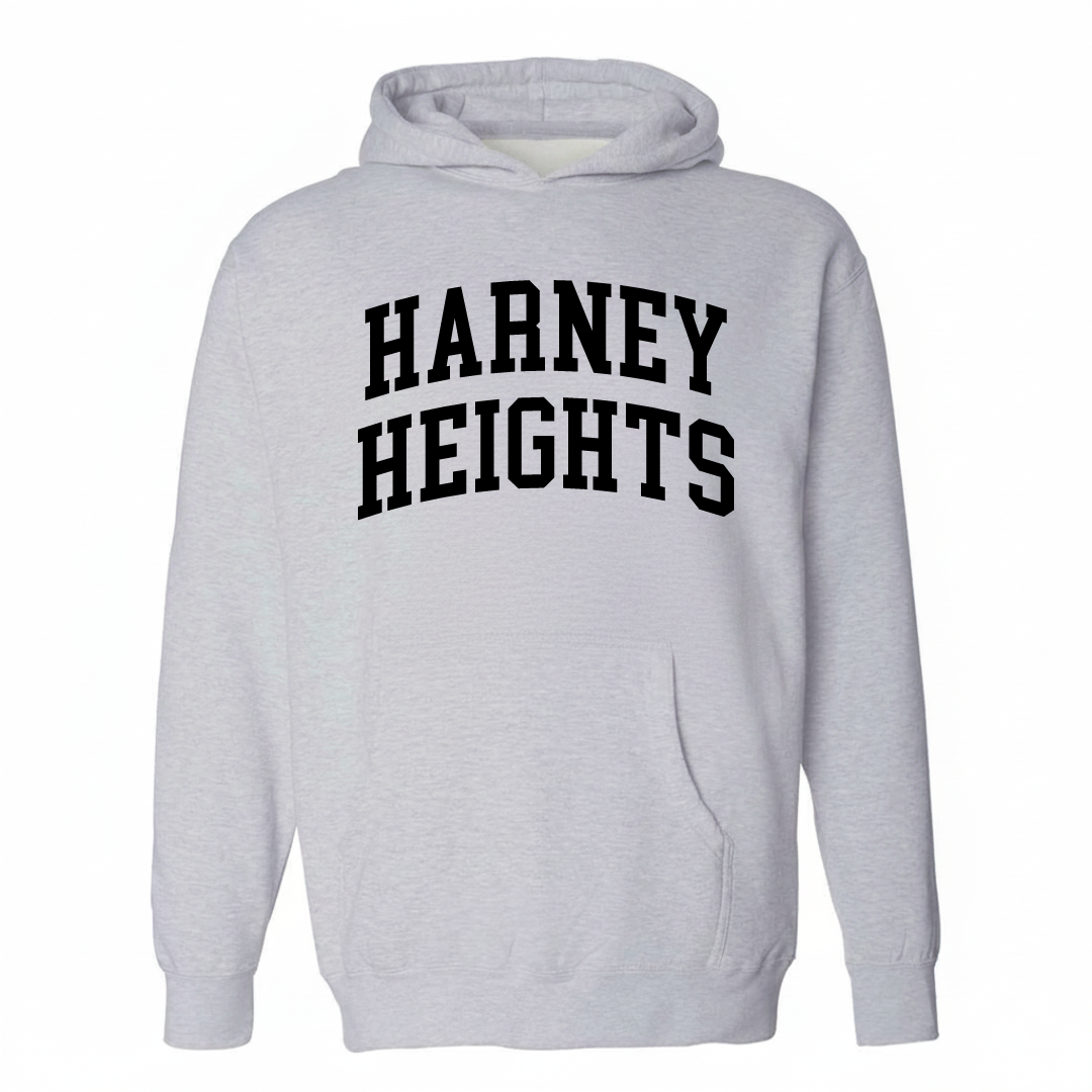 Heather-gray hoodie with the Harney Heights varsity arched lettering design on the chest.
